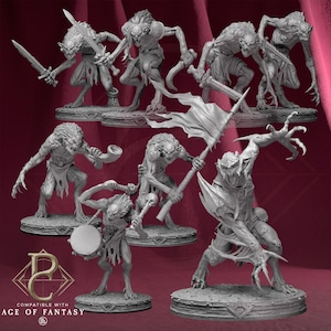 May include: Set of seven grey plastic miniature figures of goblins, each with a different pose and weapon, compatible with Age of Fantasy.