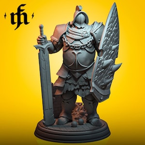 May include: A gray, detailed miniature of a heavily armored warrior holding a sword and shield. The warrior is standing on a circular base with a textured surface.