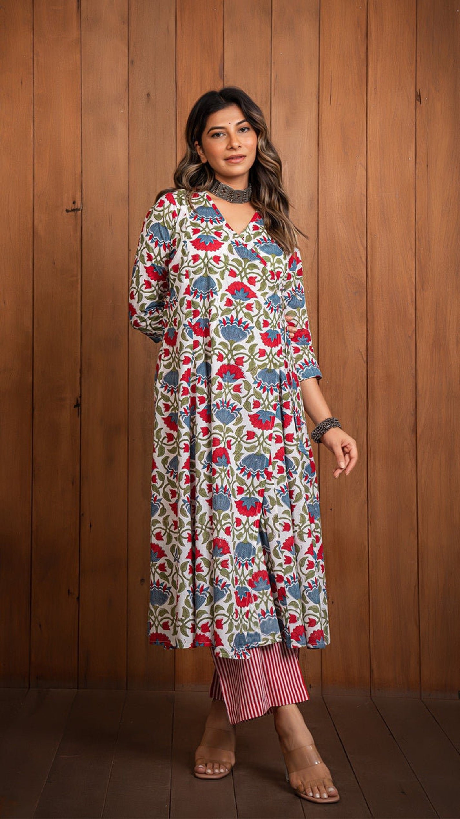 Red - Sanganeri Hand Block Print Cotton 2pc Unstitched Dress Material Kurta Set 12 main image 0