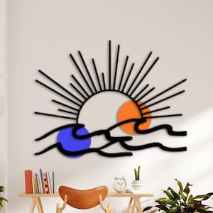 カラフルな太陽と海のメタルアート、海と太陽の壁アート、海の輝きのメタルウォールアート、日の出の景色の屋外サイン、太陽のメタルサイン