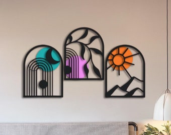 Set of 3 Colorful Metal Wall Art: Sunshine, Line, Modern Home Decor