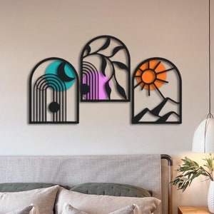 Juego de 3 piezas de arte de pared, arte de metal con líneas y rayos de sol coloridos, arte de pared moderno, decoración de pared de metal, decoración moderna para el hogar, arte colorido, arte de pared grande