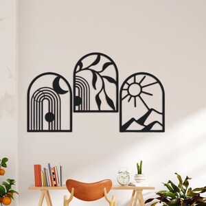 Juego de 3 piezas de arte de pared, arte de metal con líneas y rayos de sol, arte de pared moderno, decoración de pared de metal, decoración moderna para el hogar, arte de pared de metal con árboles, arte de pared grande