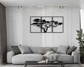 Black Tree of Life Metal Wall Art, Modern 3 Panel Decor