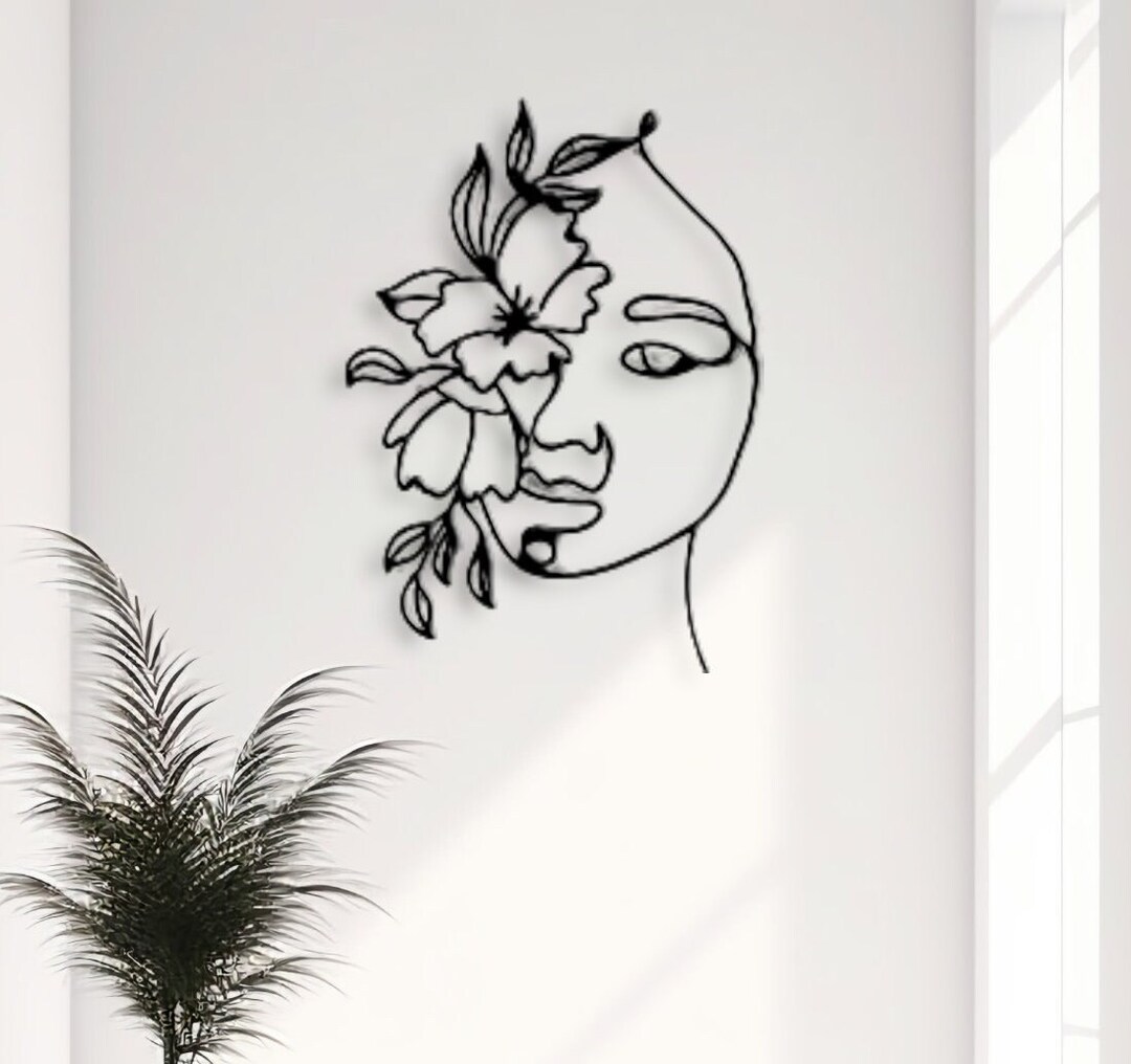 Floral Woman Face Metal Wall Art: Minimalist Line Decor - Etsy