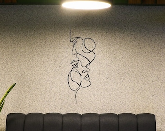 Arte mural minimalista con rostro de metal, decoración de arte lineal.