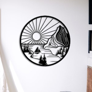 Letrero de sol y bosque, decoración de pared de metal con montañas y bosques, vista de la cordillera, letrero de gran tamaño para el hogar, colgantes de metal, regalo para el hogar, regalo para ella