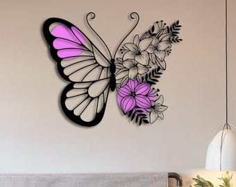 Floral Butterfly Metal Wall Art: Modern 3D Shadow Decor (32x32")
