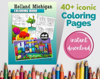 Holland Michigan Libro para colorear Descarga digital / Libro para colorear para adultos / 44 páginas icónicas para colorear