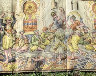 Large Vintage Tapestry, Belgian Tapestry, Middle East Scene, Harem, Dancing, Musicians, Belly Dance 18" x 54"