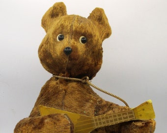 Vintage Mechanical Plush Wind-up Bear with Instrument Guitar