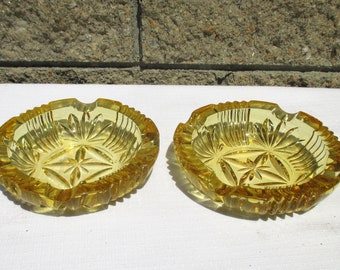 Vintage Mid Century Modern Yellow Cut Heavy Glass Ashtray Set of Two