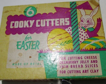 Vintage 1960's Box of Metal Easter Cookie Cutters Cross, Rabbit, Bunny, Duck