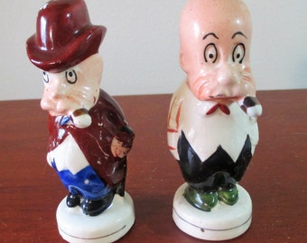 Vintage Silent Sam Comic Salt & Pepper Shakers 1920s Cartoon Men w/Cigars