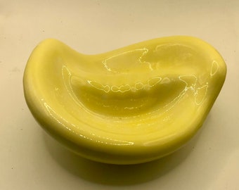 Vintage Mid Century Modern Lemon Yellow Ceramic Pottery Leaf Ashtray Trinket Dish