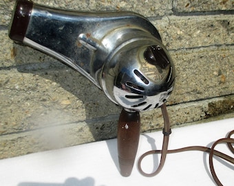 Vintage KM Chrome Handheld Wood Handle Electric Hair Dryer