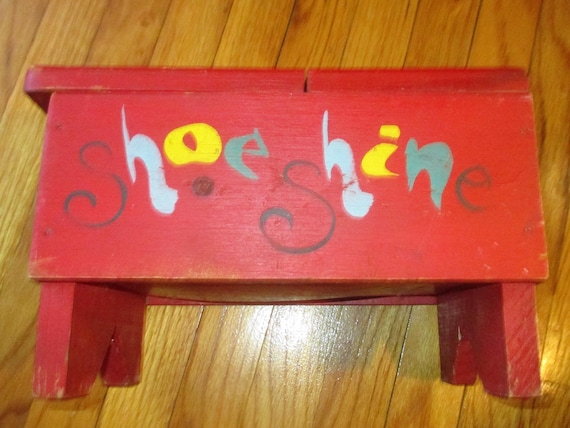 Mid Century Red Floral Hand Painted Shoe Shine Storage Box Stool
