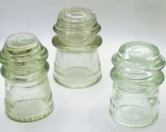 Antique Hemingray Insulators. Hemingway clear glass 3, clear glass 16, Clear Glass No 9. Lot of Three Insulators.