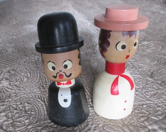 Vintage Wooden Man and Woman 1940's 1950's Japan Salt & Pepper Shakers