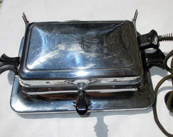 Vintage Chrome Art Deco Electric Waffle Maker Iron Griddle