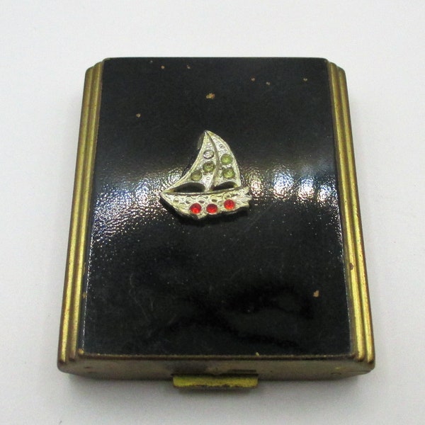Jaren 1930 Dovell Jeweled Zeilboot Gold Tone Blush Rouge Compact Mirror