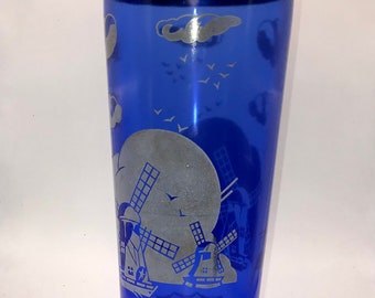 Vintage Hazel Atlas Frosted Blue Glass Dutch Windmill.1930s Cocktail Shaker Drink Mixer Glass
