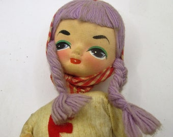 Vintage Japan Big Eye Bradley Type Holiday Fair Fabric Doll Figure Purple Braids Varsity Sweater