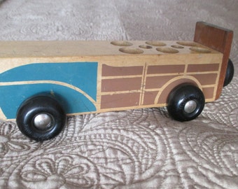 Vintage 1960s Wooden Toy  Fire Truck Bus Van Vehicle