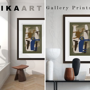 May include: Two framed gallery prints with abstract art in a modern interior. The artwork features shapes in shades of brown, blue, and beige against a green background. The prints are displayed in rooms with decorative objects and furniture.