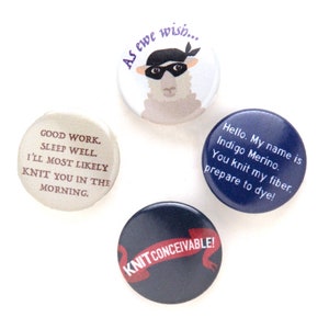 Knitter Buttons, Knitting Pin Set, Knit Pun Badges, Princess of Florin, Dread Pirate Sheep, As Ewe Wish