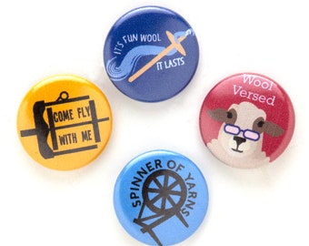 Spinning Pins Set, Wool Spinning Wheel, Sheep Pun Buttons, Spinning Badges, Set of 4