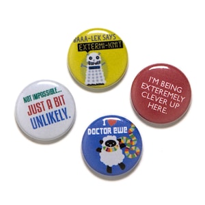 Doctor Ewe Knitting Pin Set, 1 inch Pin Back Buttons, Sheep In Scarf, Mini Badge Set, SciFi Inspired, Set of 4 image 1