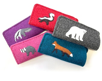Animal Glasses Cases, Wool felt, hand embroidered, skunk, giraffe, lion, lemur