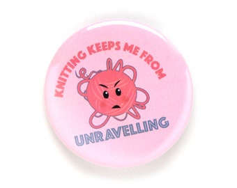 Pink Knitting Pin, Angry Yarn Ball Emoji, Unravelling Knitting Pun, Large Badge Pin 2.25 inches