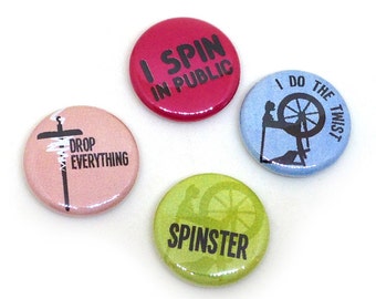 Hand Spinning Pins, 1 inch Pin Back Buttons, Wool Badges, Drop Spindle, Spinning Wheel