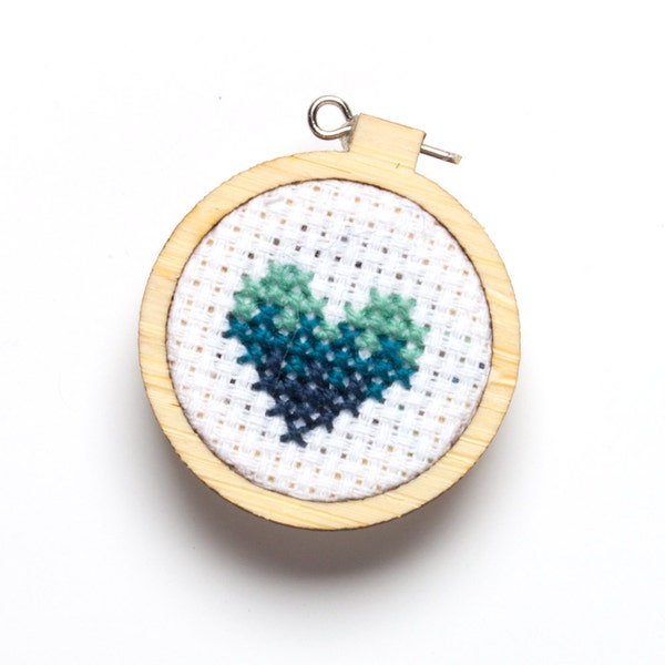 Miniature Embroidery Hoop, Aqua Heart, Blue Gradient