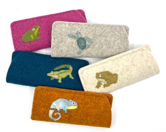 Animal Glasses Cases, Wool felt applique, hand embroidery, amphibians and reptiles, snake, bearded dragon, sea turtle