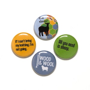 Sheep Knitting Pin Set, 1 inch Pin Back Buttons, Knitting Badges, Catan Sheep Inspired, Sheep Pin Set,  Set of 4