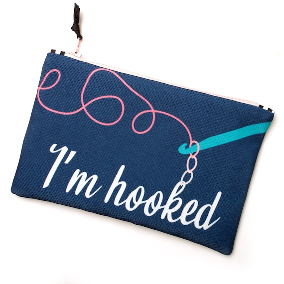 Crochet Notions Bag, Snarky Crochet, I'm Hooked, Recycled Notions Bag, Crochet Hook Pouch, Crochet Puns
