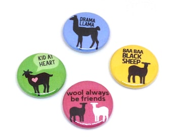 Llama and Sheep Pin Set, 1 inch Pin Back Buttons, Gift for Knitter or Spinner, Sheep Puns, Set of 4, Llama Badges