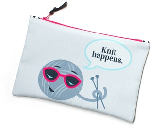 Knitting Notions Zipper Bag, Knit Happens, Yarn Ball Emoji, Craft Storage Pouch, Knitting Pun, Small Project Bag, Sock Knitting Bag