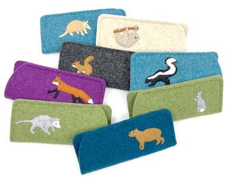 Animal Glasses Cases, Wool felt, hand embroidered, skunk, giraffe, lion, lemur