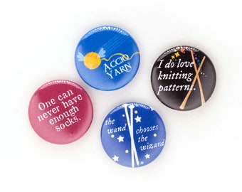 Knitting Wizard Button Set, 1 inch Pin Back Badges, Magic Theme Pin Set, Wizard School Knitter, Set of 4