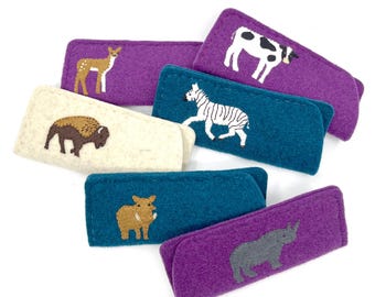 Animal Glasses Cases, Wool felt applique, Glasses holder, giraffe, sheep, rhinocerous