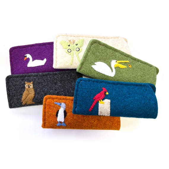 Animal Glasses Cases, Wool felt applique, hand embroidery, birds & insects, swan, luna moth, spoonbill