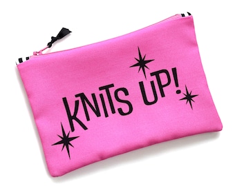 Knits Up, Knitting Notions Bag, Project Pouch, Girl Power, Mid Century Mod, Pink Notions Bag