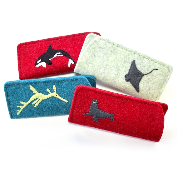 Animal Glasses Cases, Wool felt applique, hand embroidery, leafy sea dragon, sea lion, whale