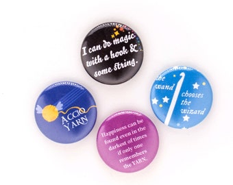 Crochet Wizard Button Set, 1 inch Pin Back Badges, Magic Theme Pin Set, Wizard School Crochet, Set of 4