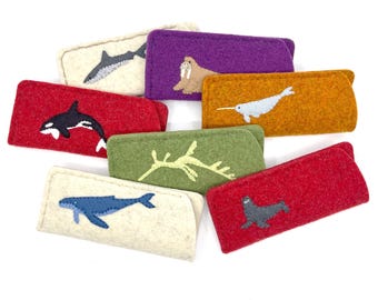 Animal Glasses Cases, Wool felt applique, hand embroidery, leafy sea dragon, sea lion, whale