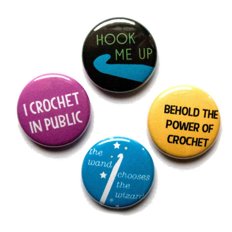 Crochet Pin Set, Hook Me Up, 1 inch Pin Back Buttons, Crochet Puns, Gift for Crocheter, Set of 4 image 1